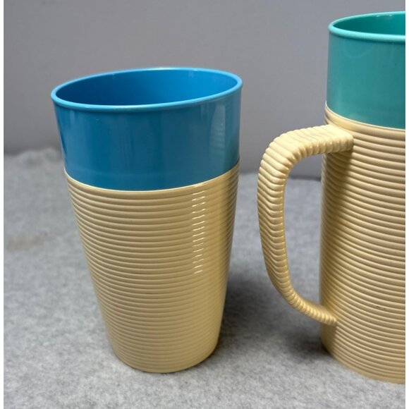 Retro 1960s Raffiaware Thermo-Temp Ribbed Tumblers & Mug Set Teal Cream Thermopl - Picture 3 of 8
